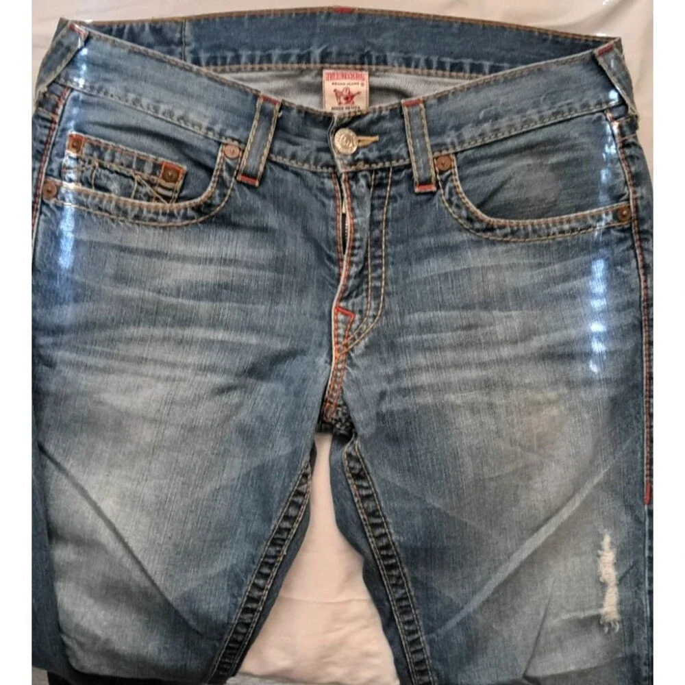 True Religion Geno Slim Straight Jeans Mens 34 Vintage Style Contrast Stitch Blu